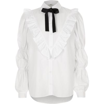 White frill front pussy bow collar shirt