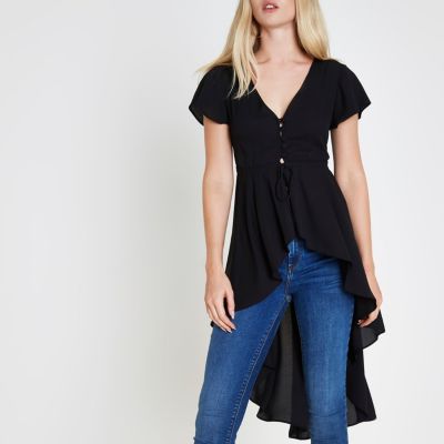 Black short sleeve high-low ruffle hem kimono