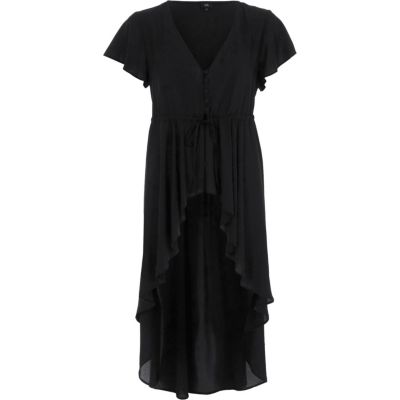 Black short sleeve high-low ruffle hem kimono