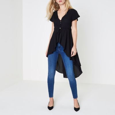 Black short sleeve high-low ruffle hem kimono