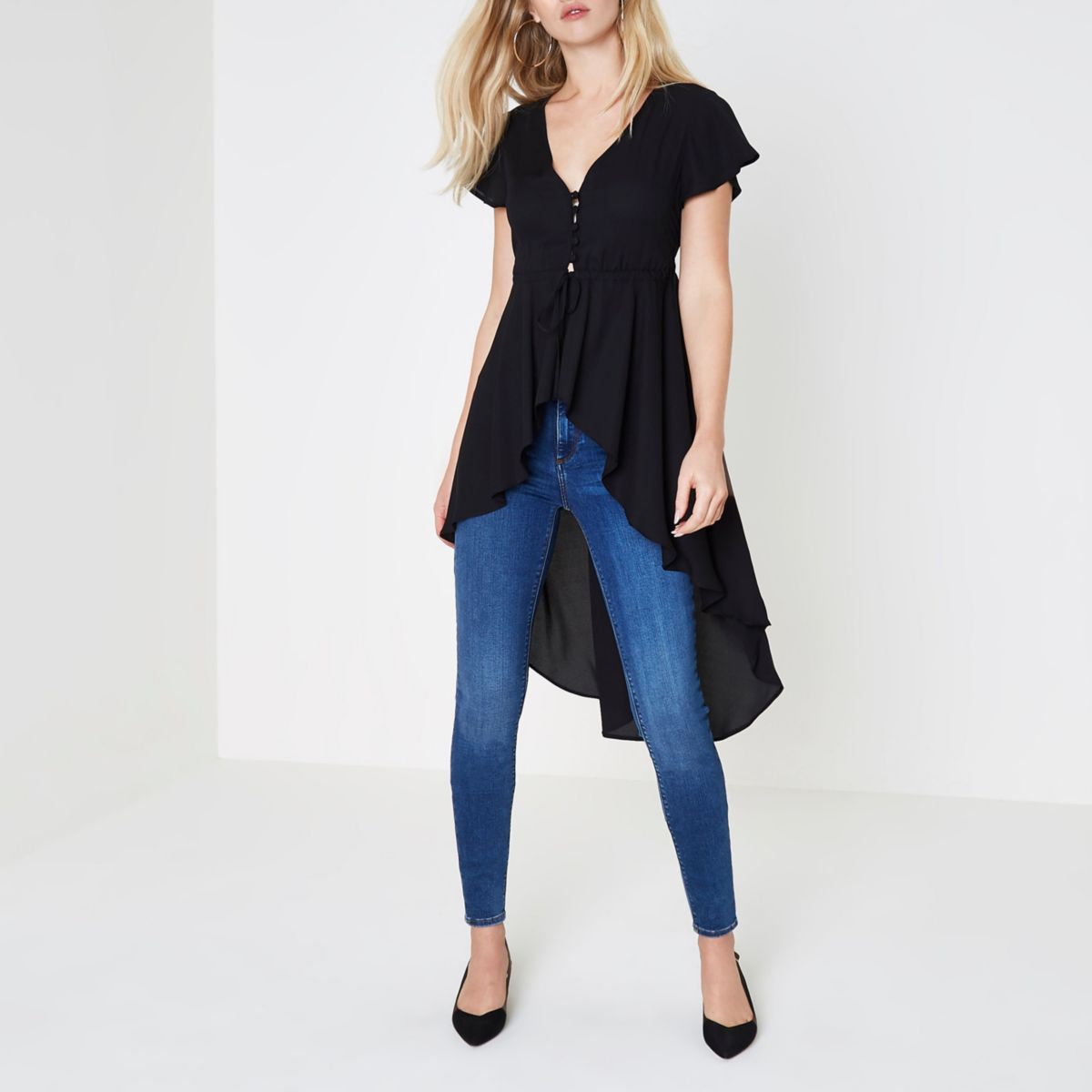 Black short sleeve high-low ruffle hem kimono