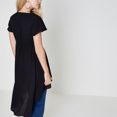 Black short sleeve high-low ruffle hem kimono