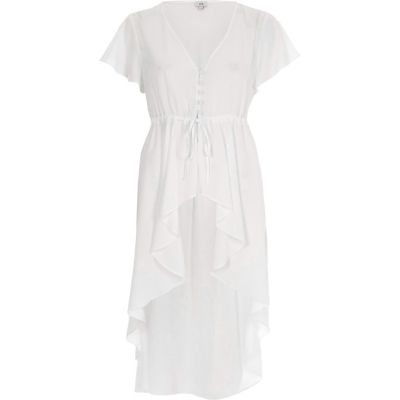 White short sleeve high-low ruffle hem kimono