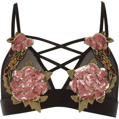 Zwarte beha met pailletten en bloemenapplicatie