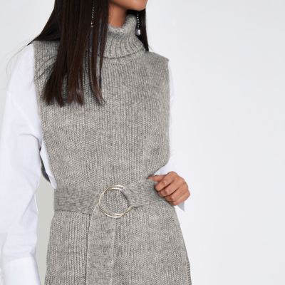 Grey roll neck sleeveless knitted top