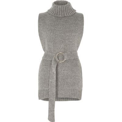 Grey roll neck sleeveless knitted top