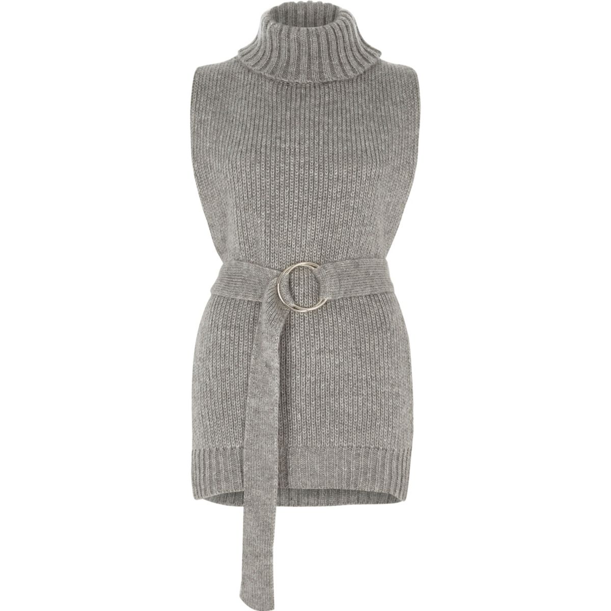 Grey roll neck sleeveless knitted top