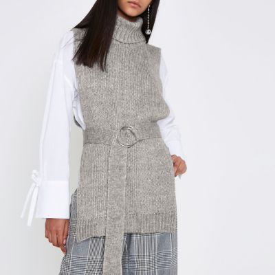 Grey roll neck sleeveless knitted top