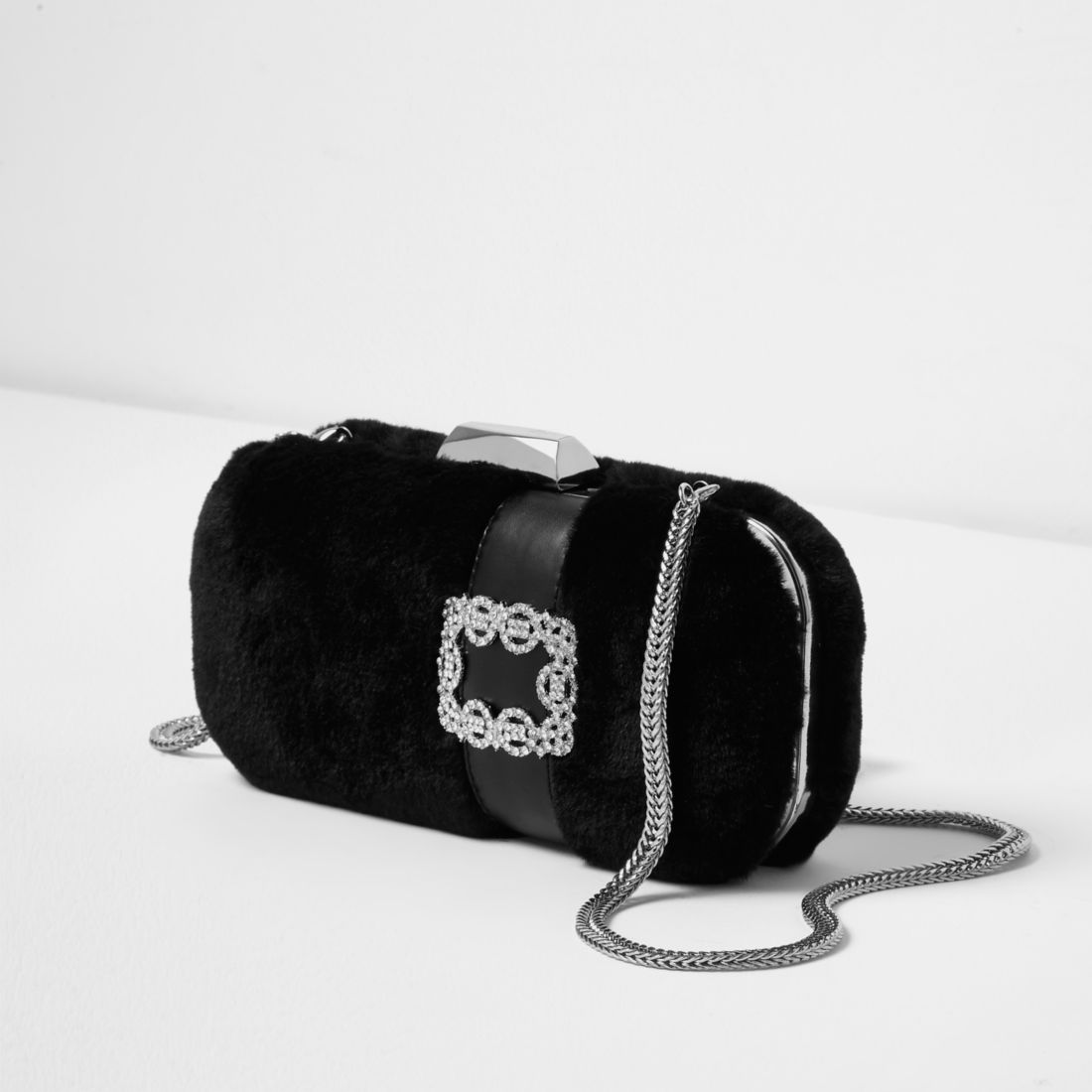 Black faux fur box jewel clutch bag