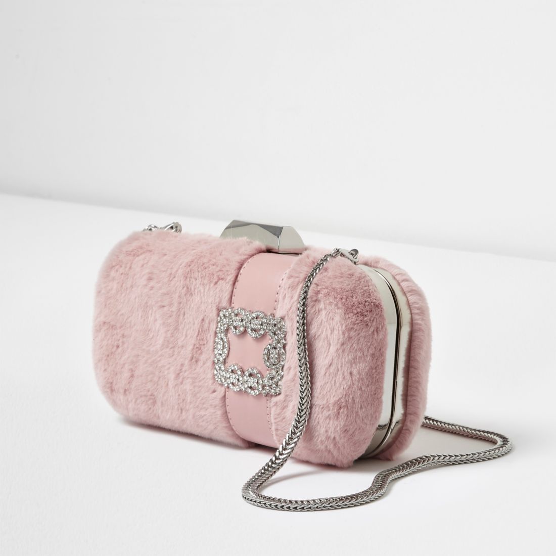 Pink faux fur jewel box clutch bag