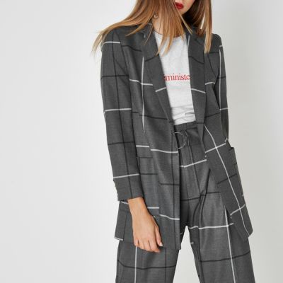 Grijze wijde oversized blazer met ruit