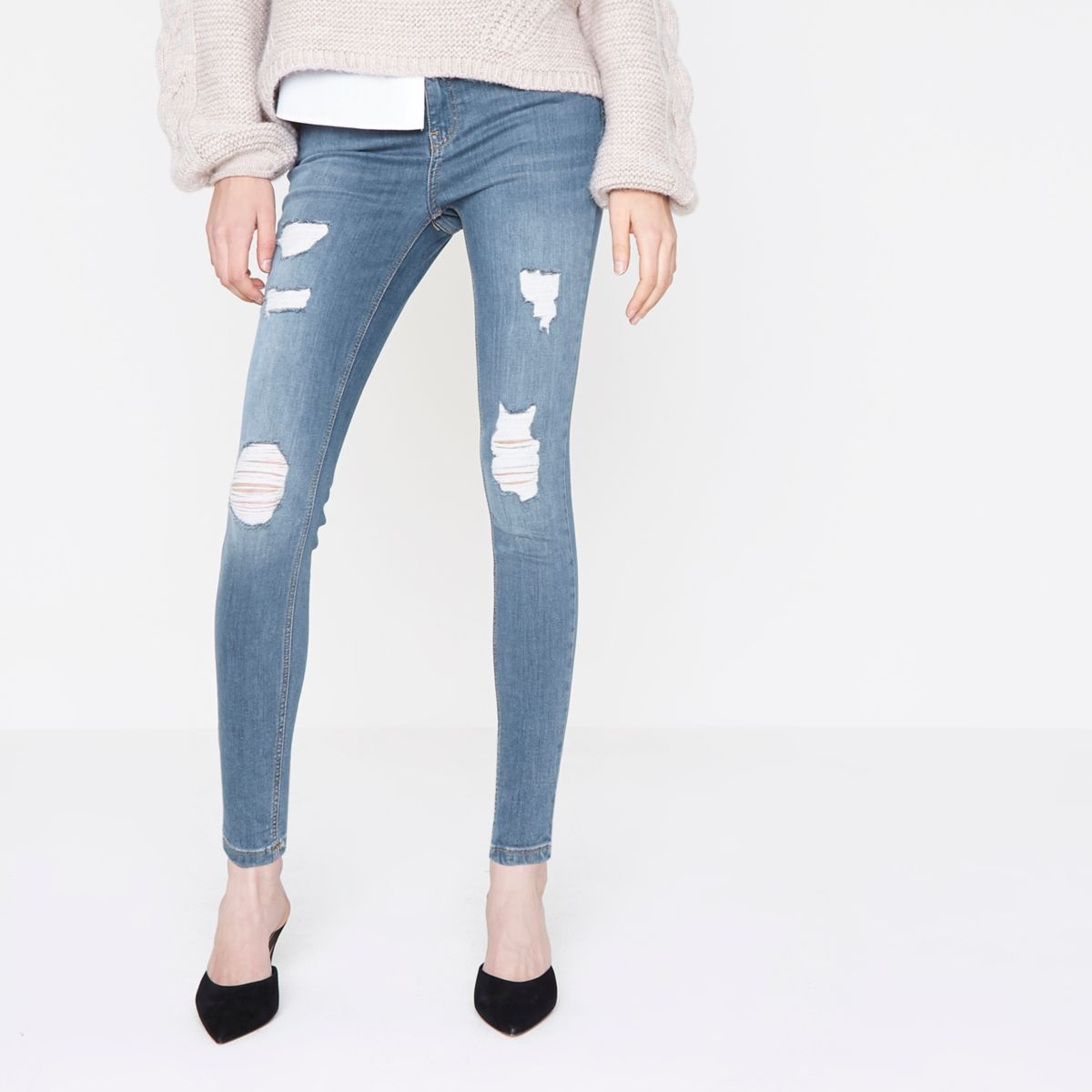 Super skinny blue ripped jeans womens