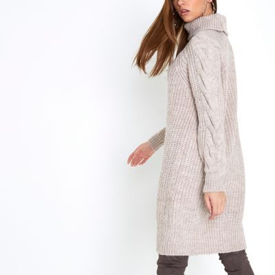 Beige cable knit roll neck jumper dress