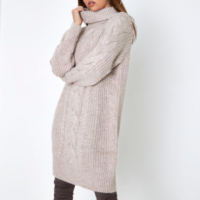 Beige cable knit roll neck jumper dress