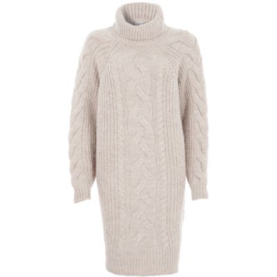 Beige cable knit roll neck jumper dress