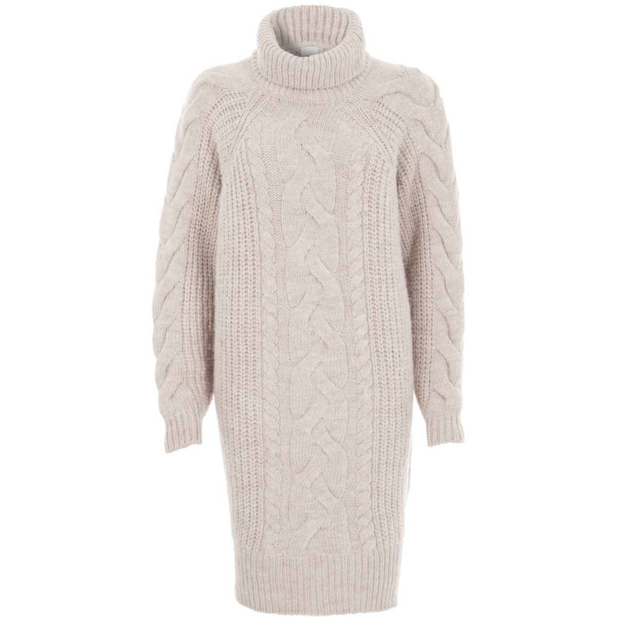Beige cable knit roll neck jumper dress
