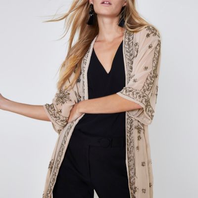 Grey bead embellished kimono