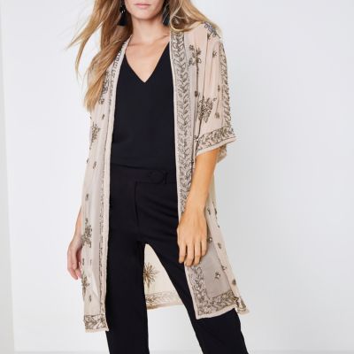 Grey bead embellished kimono