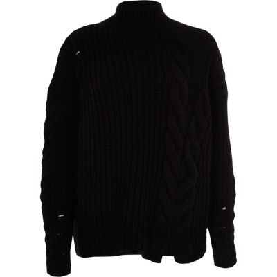 Black mixed cable knit high neck jumper