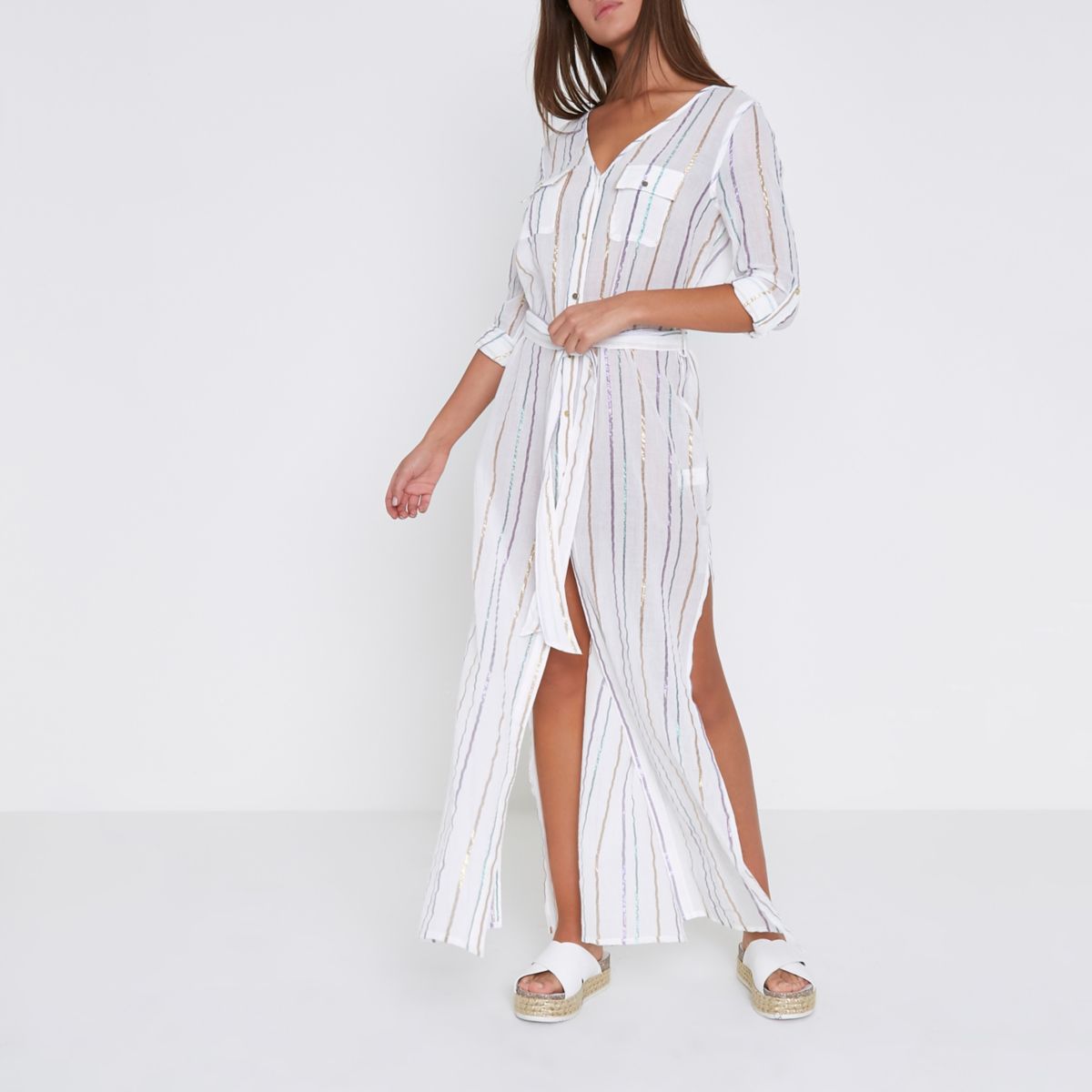 White stripe maxi shirt  beach cover  up  Kaftans Cover  