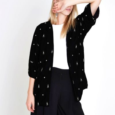 Black faux pearl embellished velvet kimono