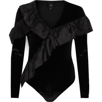 Black velvet frill long sleeve V neck body