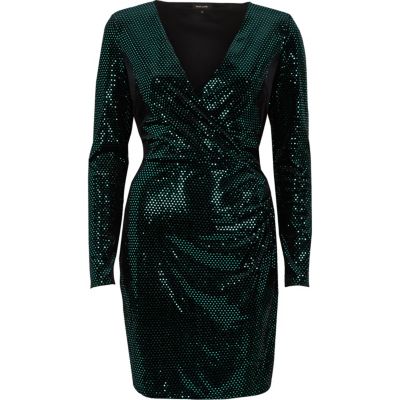 River Island Groene metallic bodyconjurk met overslag en lovertjes