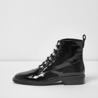 Black patent diamante trim lace-up boots