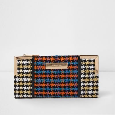 Schmale Faltgeldbörse mit kariertem Hahnentrittmuster in Orange
