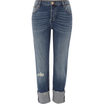 Jean boyfriend bleu foncé à ourlet à revers