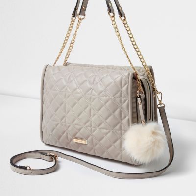 Grey quilted pom pom chain handle tote bag - Bags & Purses - Sale - women