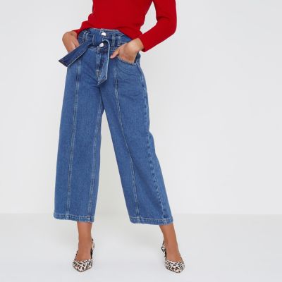 Jupe-culotte en jean bleu foncé à ceinture