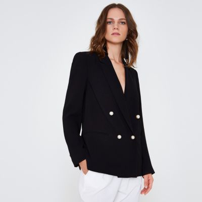 Zwarte double-breasted blazer met imitatiepareltjes