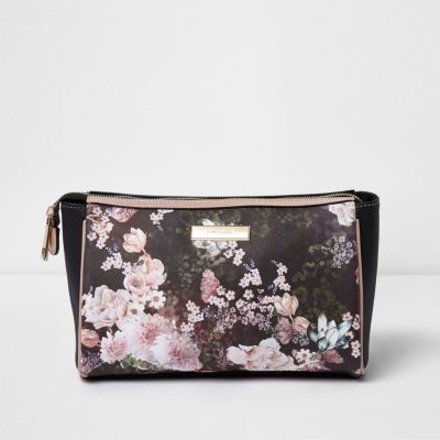 Trousse à maquillage à fleurs noire