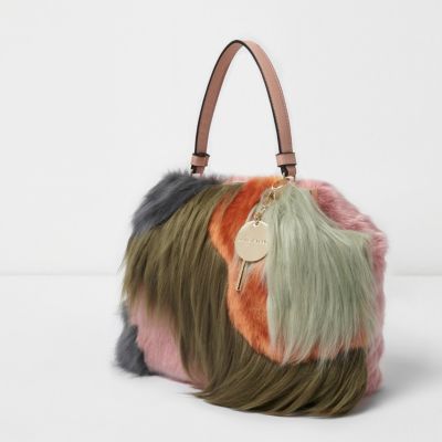 Green faux fur colour block tote bag