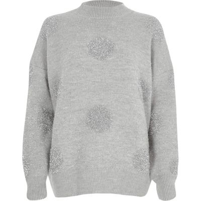Pull de Noël gris à pois pailletés