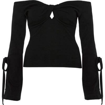 Black bardot knot front long tie sleeve top