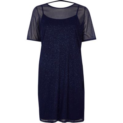 River Island Donkerblauwe T-shirtjurk met mesh en glitters