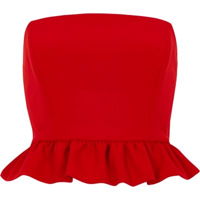 Red frill bandeau crop top