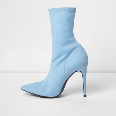 Light blue pointed toe stiletto sock boots