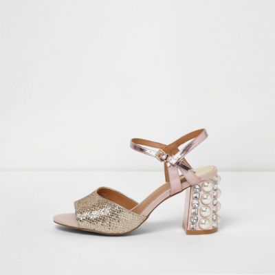 Rose gold gem encrusted block heel sandals