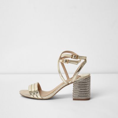 Gold wide fit metallic diamante heel sandals