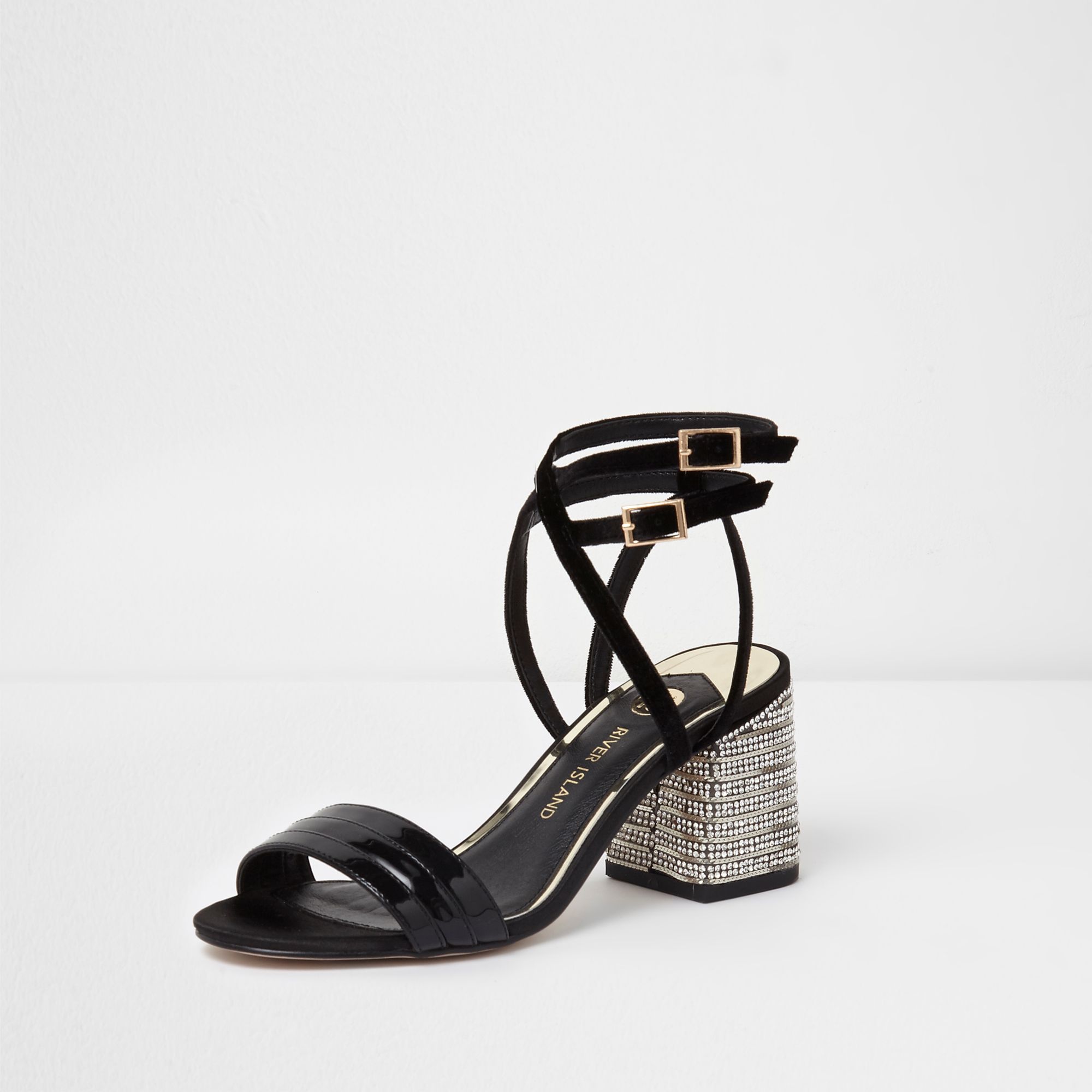 River Island Black wide fit strappy diamante heel sandals at River Island Black High Heels Diamonte