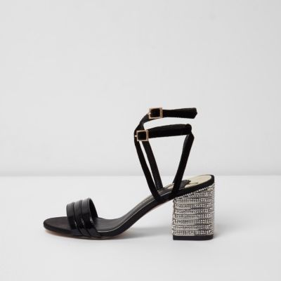 Black wide fit strappy diamante heel sandals