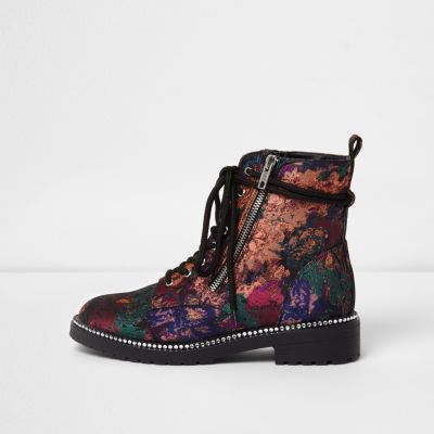 Zwarte gebloemde jacquard bikerlaarzen met vetersluiting