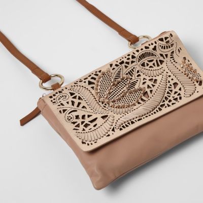 Pink suede laser cut cross body bag