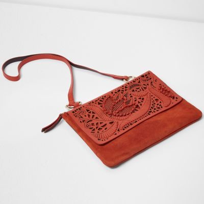 Red suede laser cut cross body bag