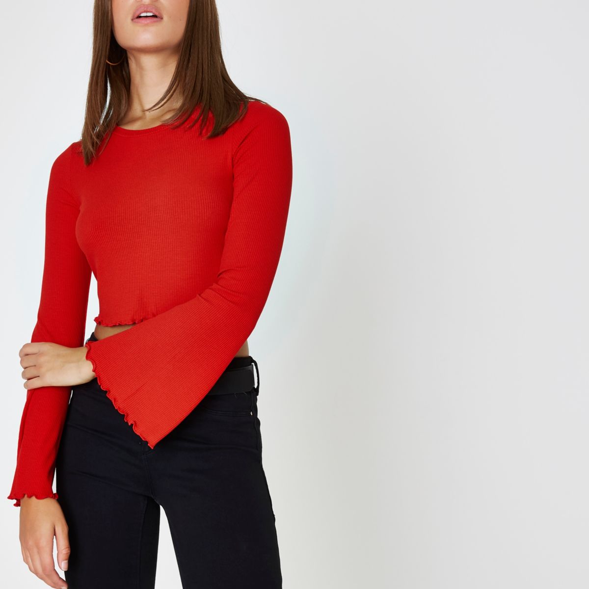 Red Long Bell Sleeve Ribbed Crop Top Tops Sale Women 