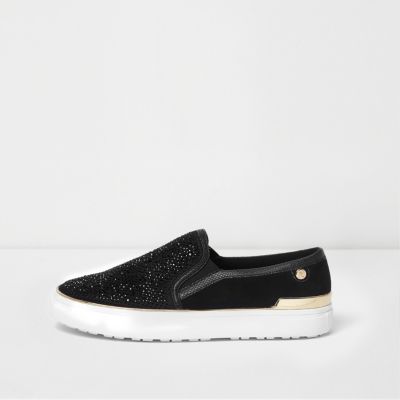 Black diamante slip on plimsolls