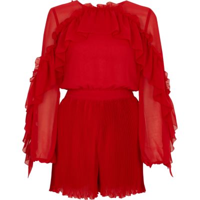 Red chiffon frill pleated playsuit